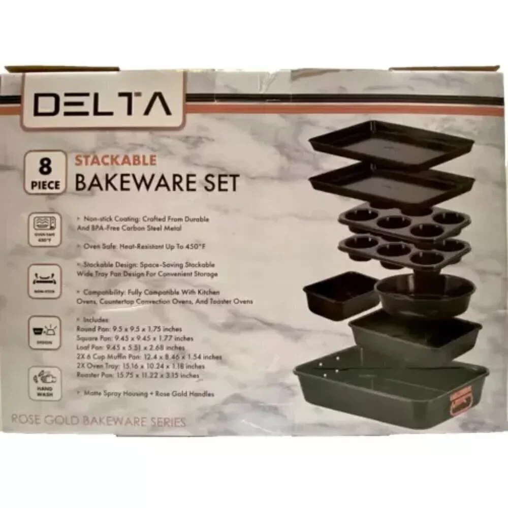 Delta 8 Piece Nonstick Stackable Bakeware Set Matte Black‎ Rose Gold Trim NIB
